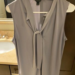 Ann Taylor- gray blouse w front buttons and tie at neck